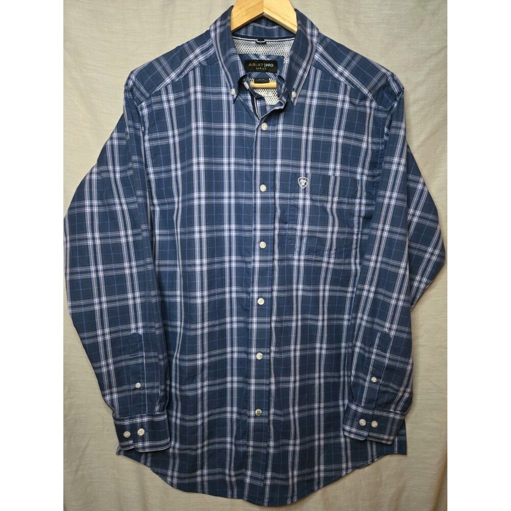 Ariat Pro Series Mens Button Long Sleeve Shirt Size Medium Blue/White Plaid